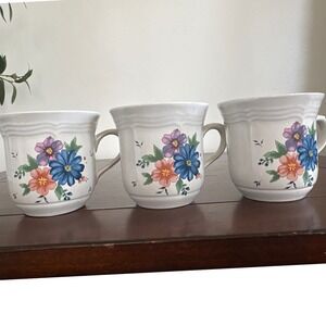 Vintage 80's Newcor Stoneware Mugs‎ Set of 3 Provincial Bouquet  Coffee Tea Cups